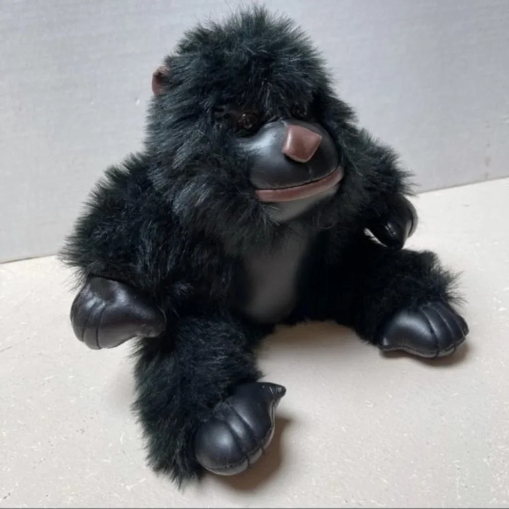 Monkey Sitting Up Black Stuffed Animal Plush Faux Leather Ears Hands Feet Chest